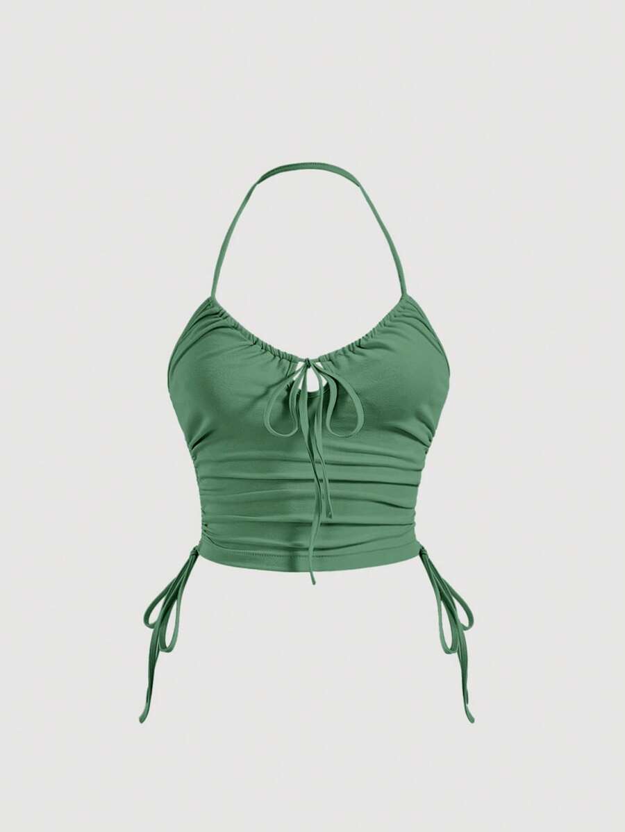 SHEIN MOD Solid Drawstring Side Halter Top - Green - View 1