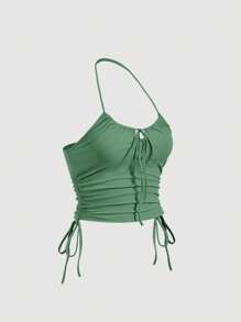 SHEIN MOD Solid Drawstring Side Halter Top - Green - View 2