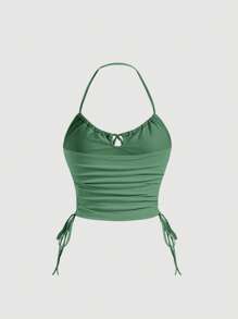 SHEIN MOD Solid Drawstring Side Halter Top - Green - View 3