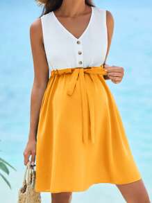 SHEIN Maternidad Vestido con cinturón de dos tonos - Amarillo - Ver 3
