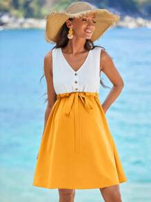 SHEIN Maternidad Vestido con cinturón de dos tonos - Amarillo - Ver 5