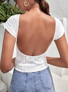 SHEIN Frenchy 素色露背紋理質感T恤 - 白色 - 查看 2