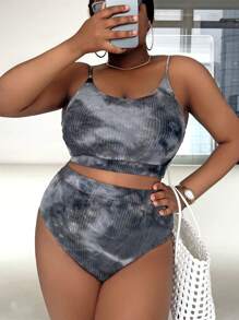 SHEIN Swim Curve Conjunto De Bikini De Talle Alto Con Teñido Anudado De Talla Grande Playa De Verano