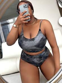 SHEIN Swim Curve Conjunto De Bikini De Talle Alto Con Teñido Anudado De Talla Grande Playa De Verano