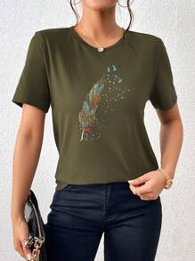 SHEIN LUNE 羽毛圖案和鳥印花T恤 - 軍綠色 - 查看 5
