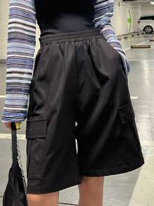 DAZY Flap Pocket Side Wide Leg Shorts - Black - View 1