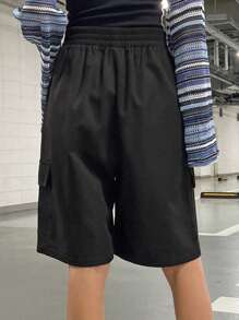 DAZY Flap Pocket Side Wide Leg Shorts - Black - View 2