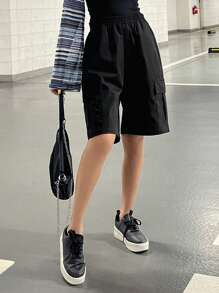 DAZY Flap Pocket Side Wide Leg Shorts - Black - View 4