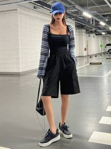 DAZY Flap Pocket Side Wide Leg Shorts - Black - View 8