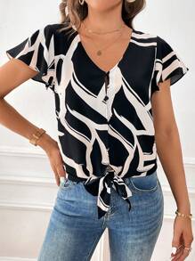 SHEIN Clasi Blusa con estampado de dibujo bajo con nudo - Multicolor - Ver 4