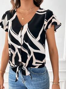 SHEIN Clasi Blusa con estampado de dibujo bajo con nudo - Multicolor - Ver 3