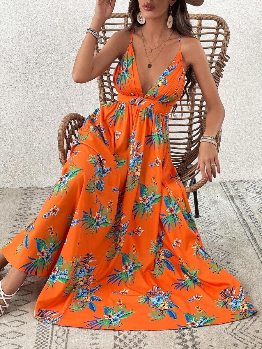 SHEIN VCAY Tropical Print Crisscross Backless Cami Dress - Multicolor - View 1