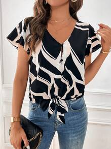 SHEIN Clasi Blusa con estampado de dibujo bajo con nudo - Multicolor - Ver 6