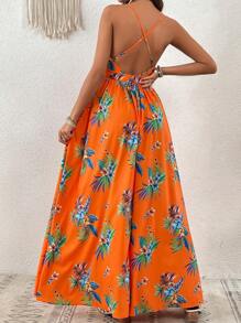 SHEIN VCAY Tropical Print Crisscross Backless Cami Dress - Multicolor - View 2