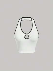 SHEIN MOD 撞色滾邊環鏈掛脖上衣 - 白色 - 查看 1