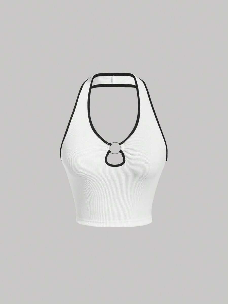 SHEIN MOD 撞色滾邊環鏈掛脖上衣 - 白色 - 查看 1