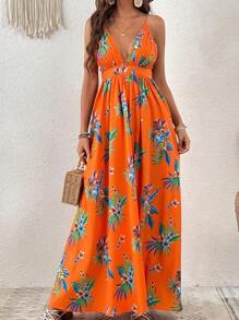 SHEIN VCAY Tropical Print Crisscross Backless Cami Dress - Multicolor - View 4