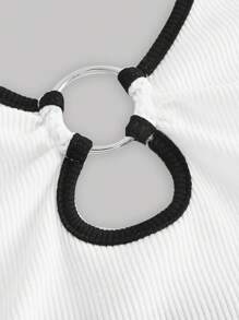 SHEIN MOD 撞色滾邊環鏈掛脖上衣 - 白色 - 查看 3