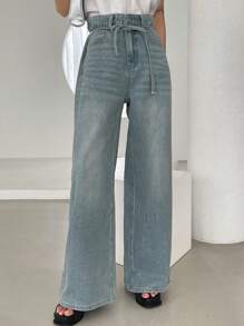 DAZY High Waist Belted Wide Leg Jeans - Light Wash - View 4