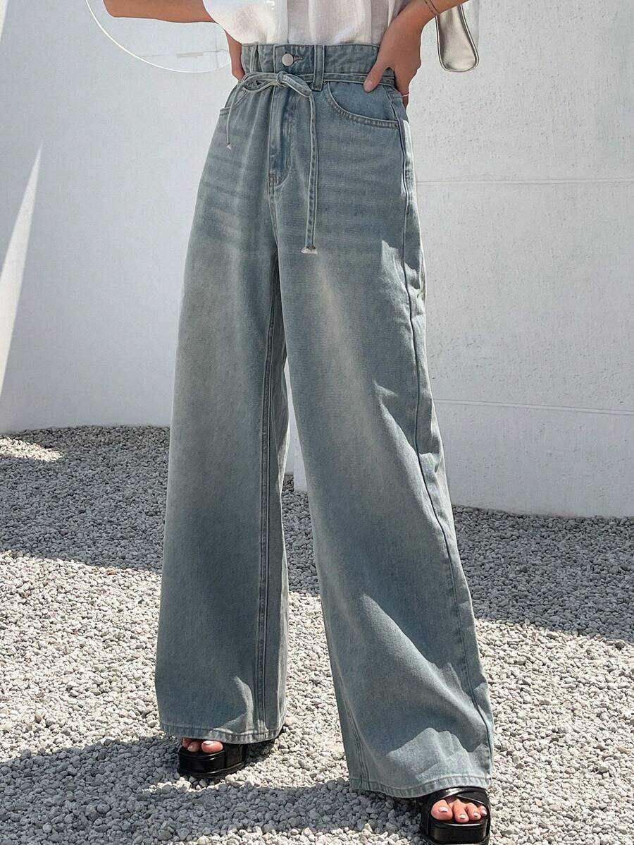 DAZY High Waist Belted Wide Leg Jeans - Light Wash - View 1
