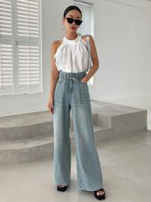 DAZY High Waist Belted Wide Leg Jeans - Light Wash - View 5