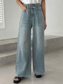 DAZY High Waist Belted Wide Leg Jeans - Light Wash - View 7