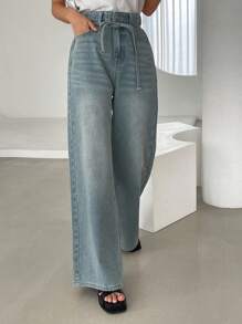 DAZY High Waist Belted Wide Leg Jeans - Light Wash - View 8