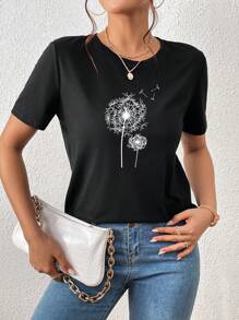 SHEIN LUNE 蒲公英印花T恤 - 黑色 - 查看 5