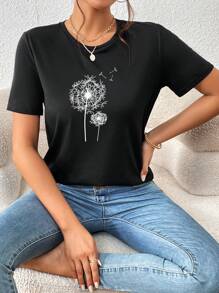 SHEIN LUNE 蒲公英印花T恤 - 黑色 - 查看 7