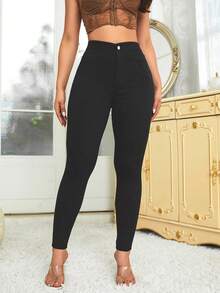 素色緊身牛仔褲 - 黑色 - 查看 2