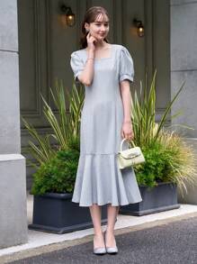 DAZY Square Neck Puff Sleeve Ruffle Hem Dress Sundress - Dusty Blue - View 2