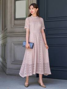 DAZY Mock Neck Lace A-line Dress - Pink - View 2