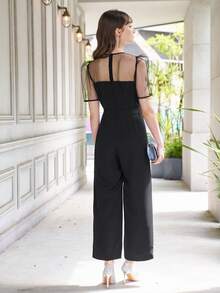 DAZY Contrast Mesh Puff Sleeve Wide Leg Jumpsuit - Black - View 3