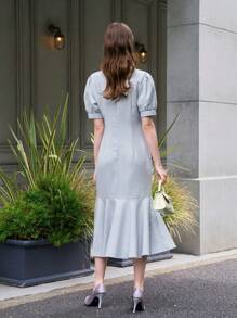 DAZY Square Neck Puff Sleeve Ruffle Hem Dress Sundress - Dusty Blue - View 3