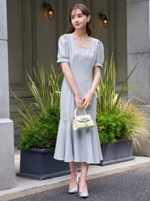 DAZY Square Neck Puff Sleeve Ruffle Hem Dress Sundress - Dusty Blue - View 4