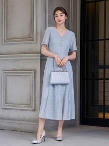 DAZY 素色前紐扣A字連衣裙 - 藍色 - 查看 3