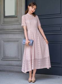 DAZY Mock Neck Lace A-line Dress - Pink - View 5