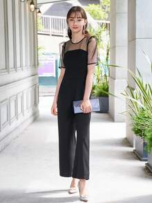 DAZY Contrast Mesh Puff Sleeve Wide Leg Jumpsuit - Black - View 5