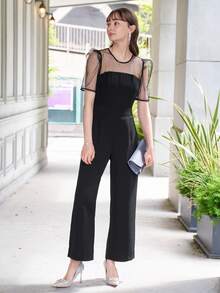 DAZY Contrast Mesh Puff Sleeve Wide Leg Jumpsuit - Black - View 6
