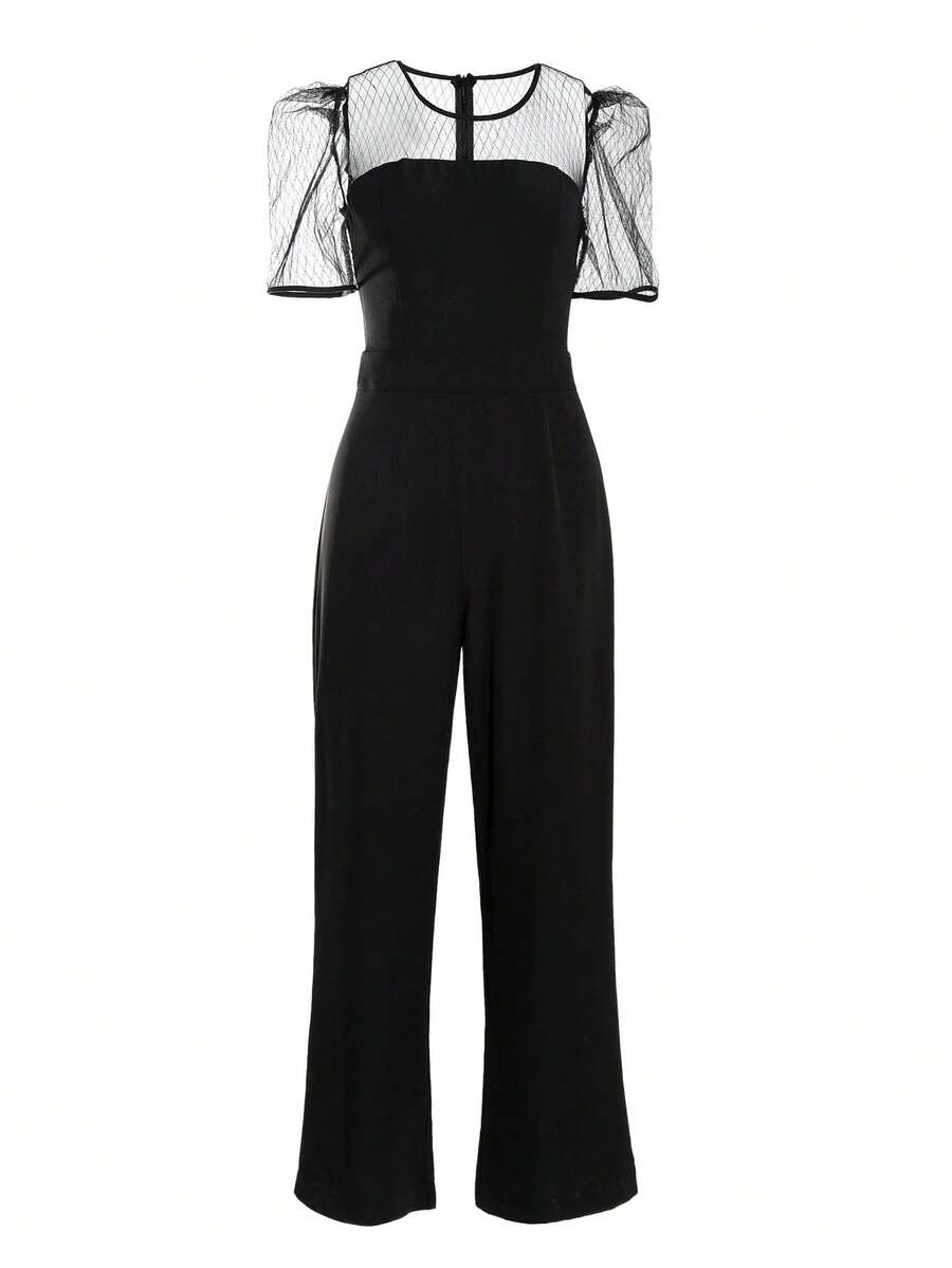 DAZY Contrast Mesh Puff Sleeve Wide Leg Jumpsuit - Black - View 1