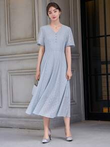 DAZY 素色前紐扣A字連衣裙 - 藍色 - 查看 5