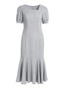 DAZY Square Neck Puff Sleeve Ruffle Hem Dress Sundress - Dusty Blue - View 1