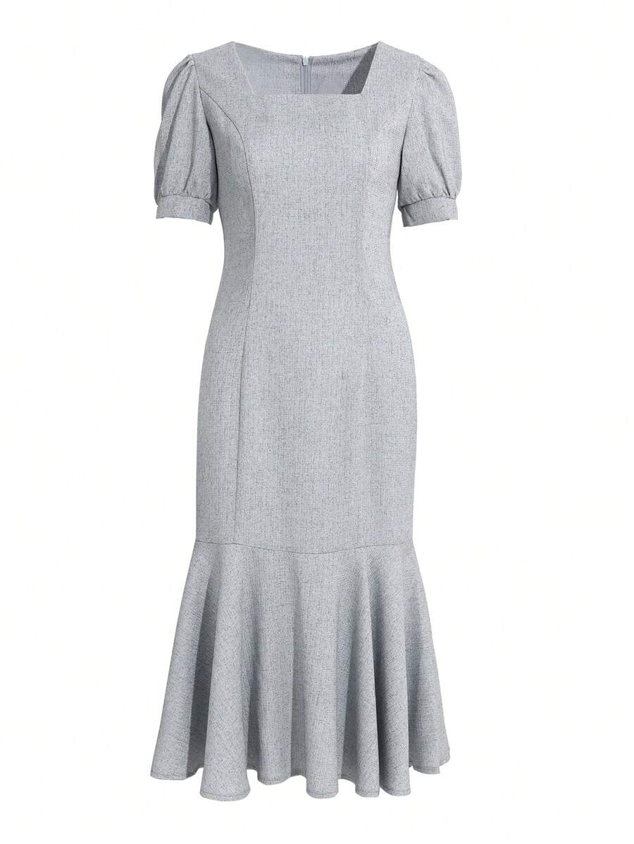 DAZY Square Neck Puff Sleeve Ruffle Hem Dress Sundress - Dusty Blue - View 1