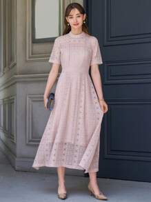 DAZY Mock Neck Lace A-line Dress - Pink - View 7