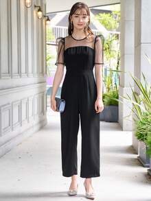 DAZY Contrast Mesh Puff Sleeve Wide Leg Jumpsuit - Black - View 7