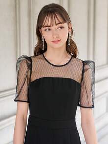 DAZY Contrast Mesh Puff Sleeve Wide Leg Jumpsuit - Black - View 8