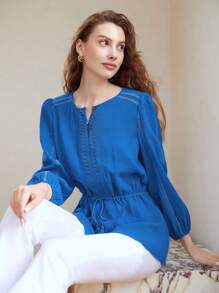 MOTF PREMIUM 褶皺紋理腰部抽繩襯衫 - 藍色 - 查看 2