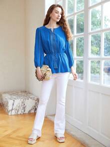 MOTF PREMIUM 褶皺紋理腰部抽繩襯衫 - 藍色 - 查看 4