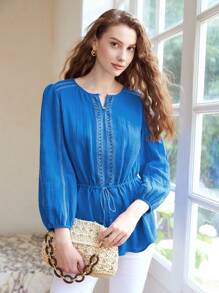 MOTF PREMIUM 褶皺紋理腰部抽繩襯衫 - 藍色 - 查看 5