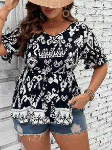 SHEIN Unity Áo sơ mi Plus Size Thắt lưng Bộ lạc Boho - Đen và trắng - Xem 1